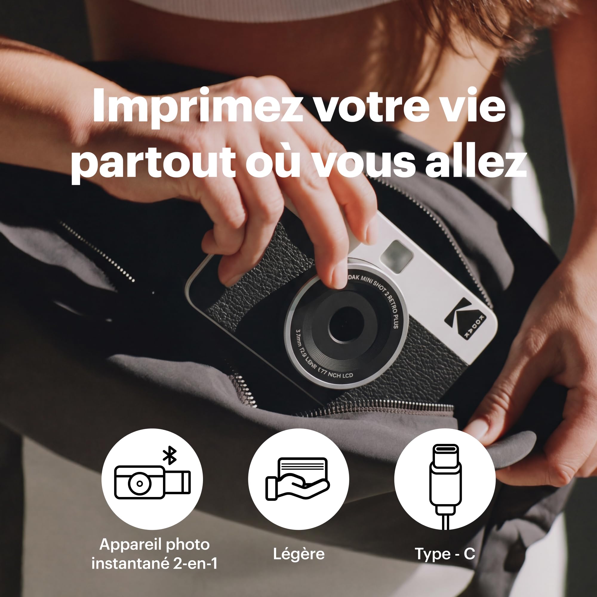 KODAK Mini Shot 2 Retro Appareil Photo Instantané Numérique 2-en-1 5,3 x 8,6 cm 38 Feuilles Imprimante Bluetooth iOS Android 4PASS Blanc