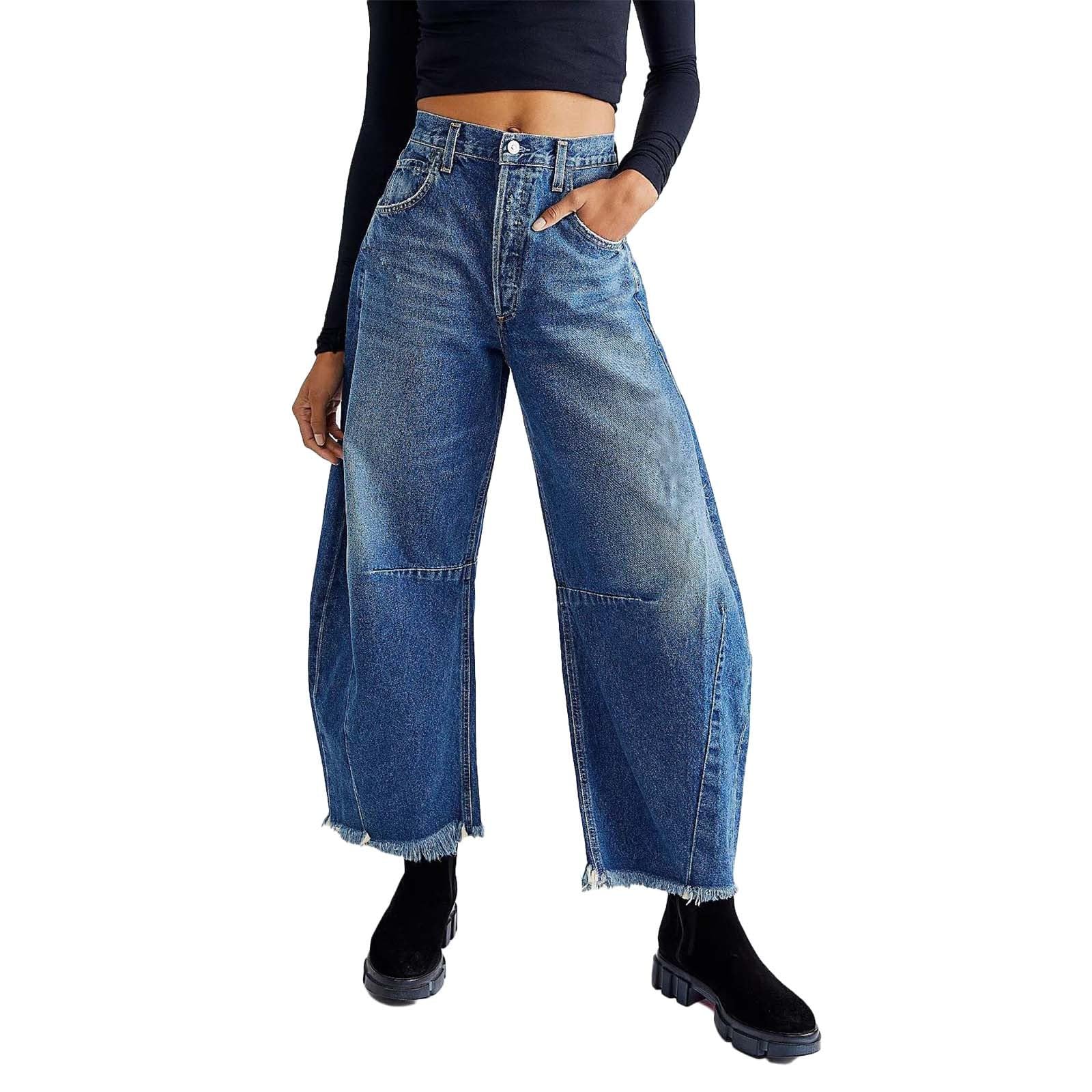 Jean vintage pour femme - Taille moyenne - Jambe large - Pantalon ample avec poches, bleu, M