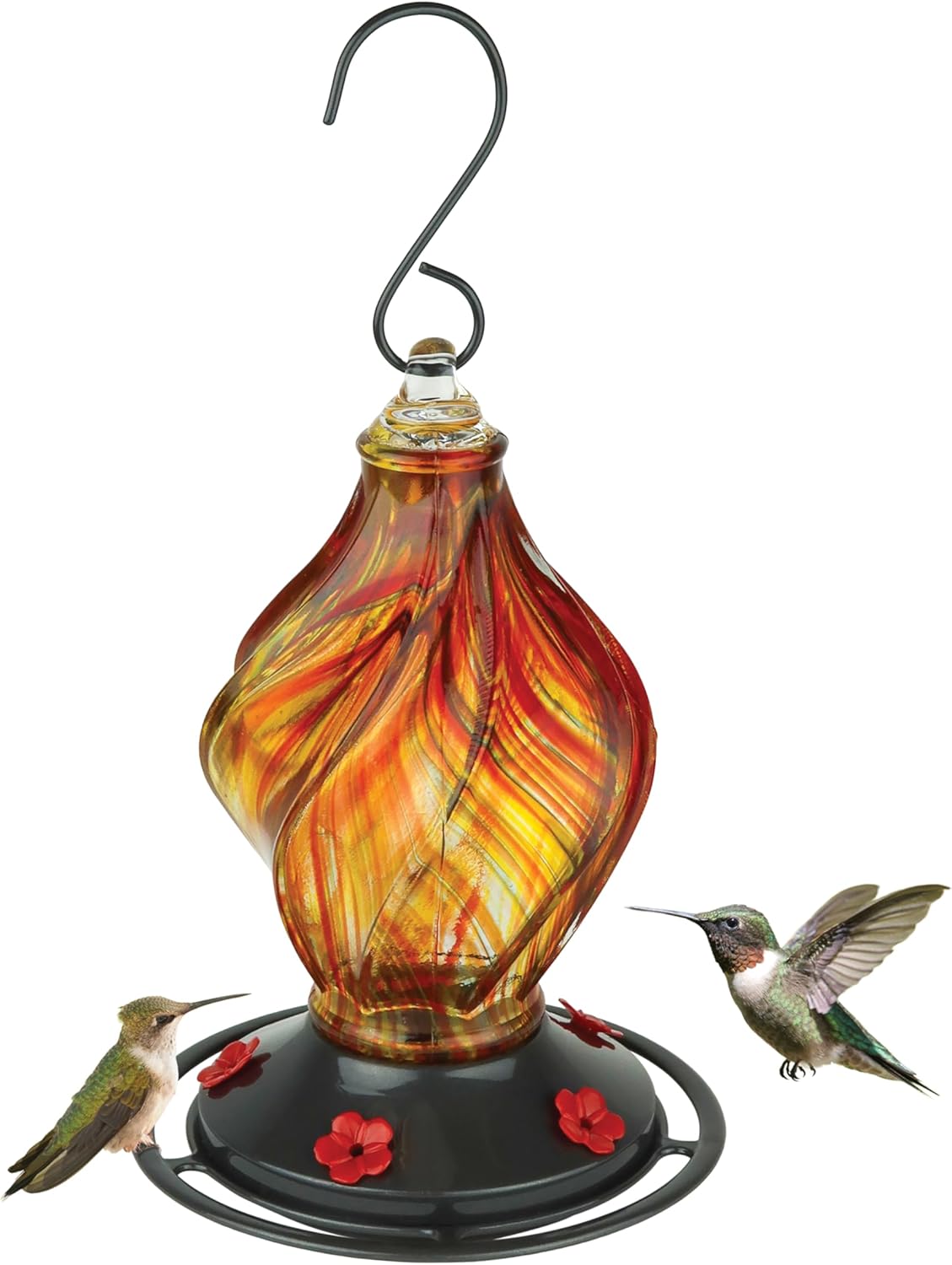 Sunburst Sipper Handblown Recycled Glass Hummingbird Feeder for Outdoor Décor, 13 Ounce Capacity Nectar Feeder, 5 Removable Easy Clean Ports, Red
