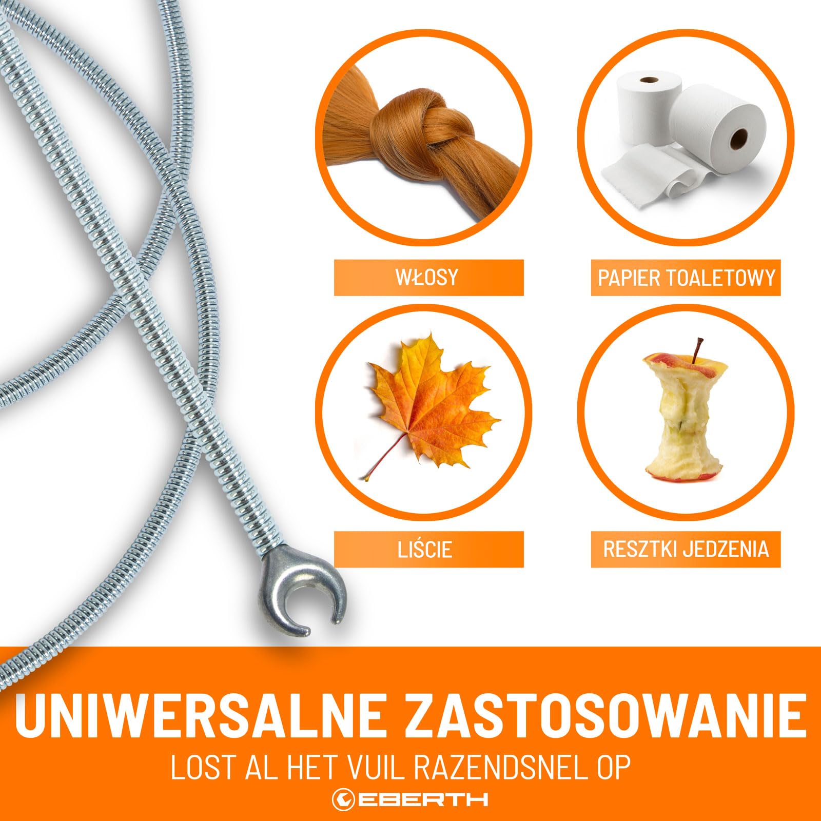 EBERTH spirala do czyszczenia rur o długości 15 m i średnicy 9 mm, skuteczna spirala do rur o średnicy od 40 mm, głowica wiercąca w kształcie pazura o średnicy 20 mm, przeciwko zablokowanym rurom