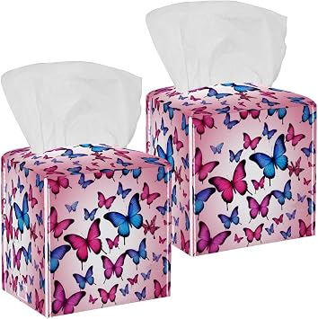 2 Pack Pink Blue Butterfly Tissue Box Cover Holder Square Tissue Cover PU Leather Tissue Organizer with Bottom Belt for Bathroom, Tabletop, Car, Night Stands, Office, Home, Kitchen