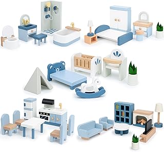 Wooden Dollhouse Furniture Set, Sanlebi Doll House Accessories and Furniture, Miniature Furniture Including 5 Room Kits, Pretend Play Toy Gift for Boys Girls Toddler 3+