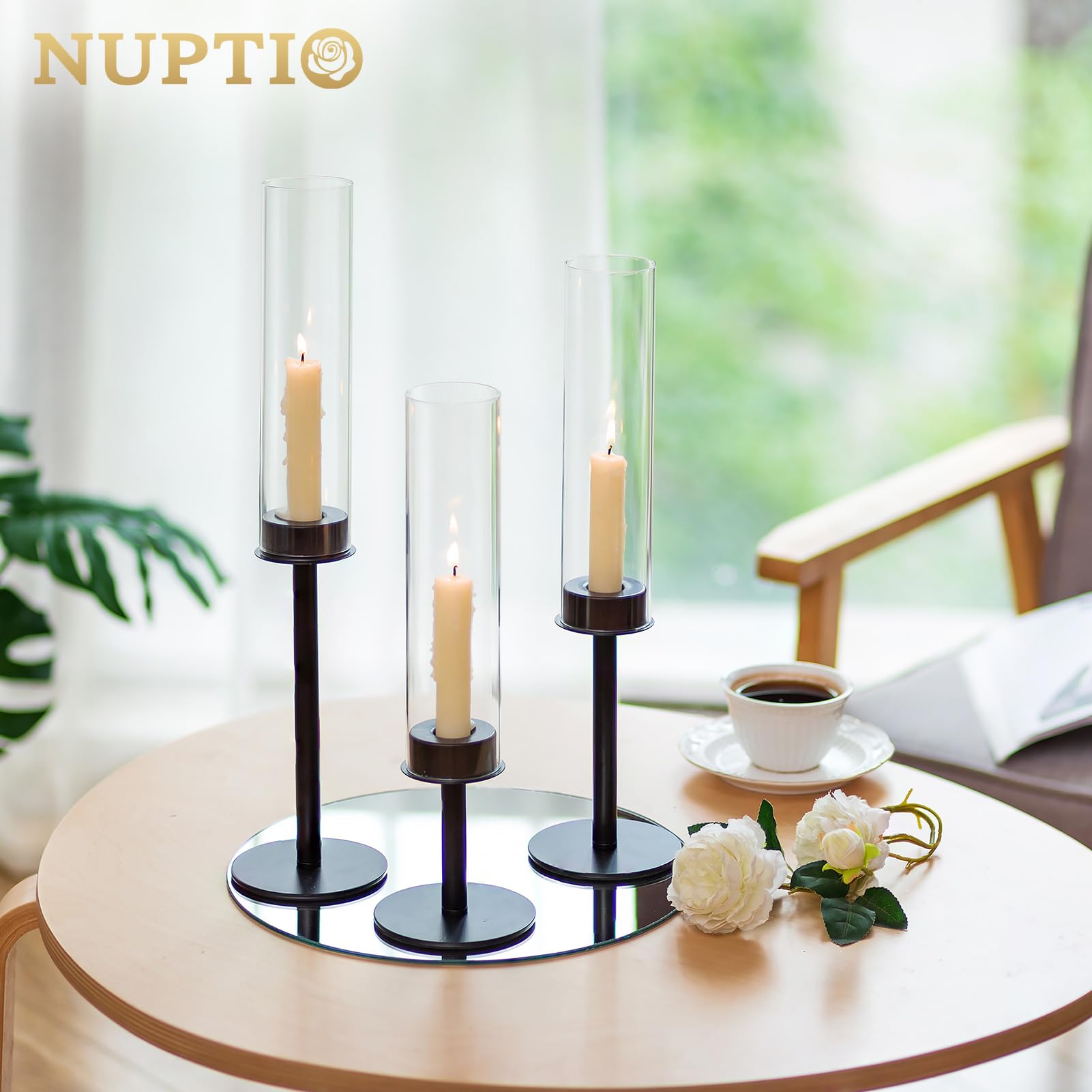 Nuptio Portavelas Huracan Nero: Portavelas de Metal de Cristal Transparente para Velas Cónicas Candelabro Alto Abierto Pantalla Cilíndrica Fiesta de Boda Centro de Mesa Decoración
