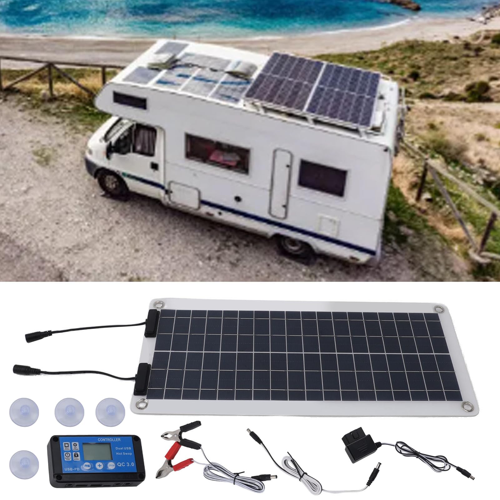 Caricabatteria per auto solare: pannello di ricarica antigoccia | impermeabile da 100 W con doppia uscita | Mantenitore della batteria solare per veicoli da 12 V/24 V, ideale per auto, veicol