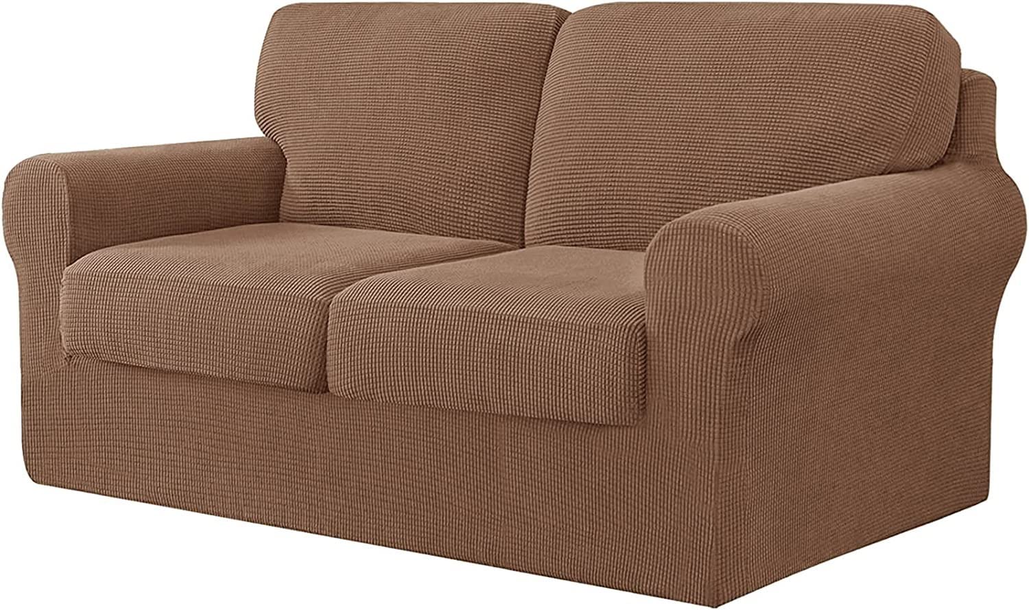 Housse de canapé extensible 2 places café avec dossiers séparés en fourrure 145-178 cm