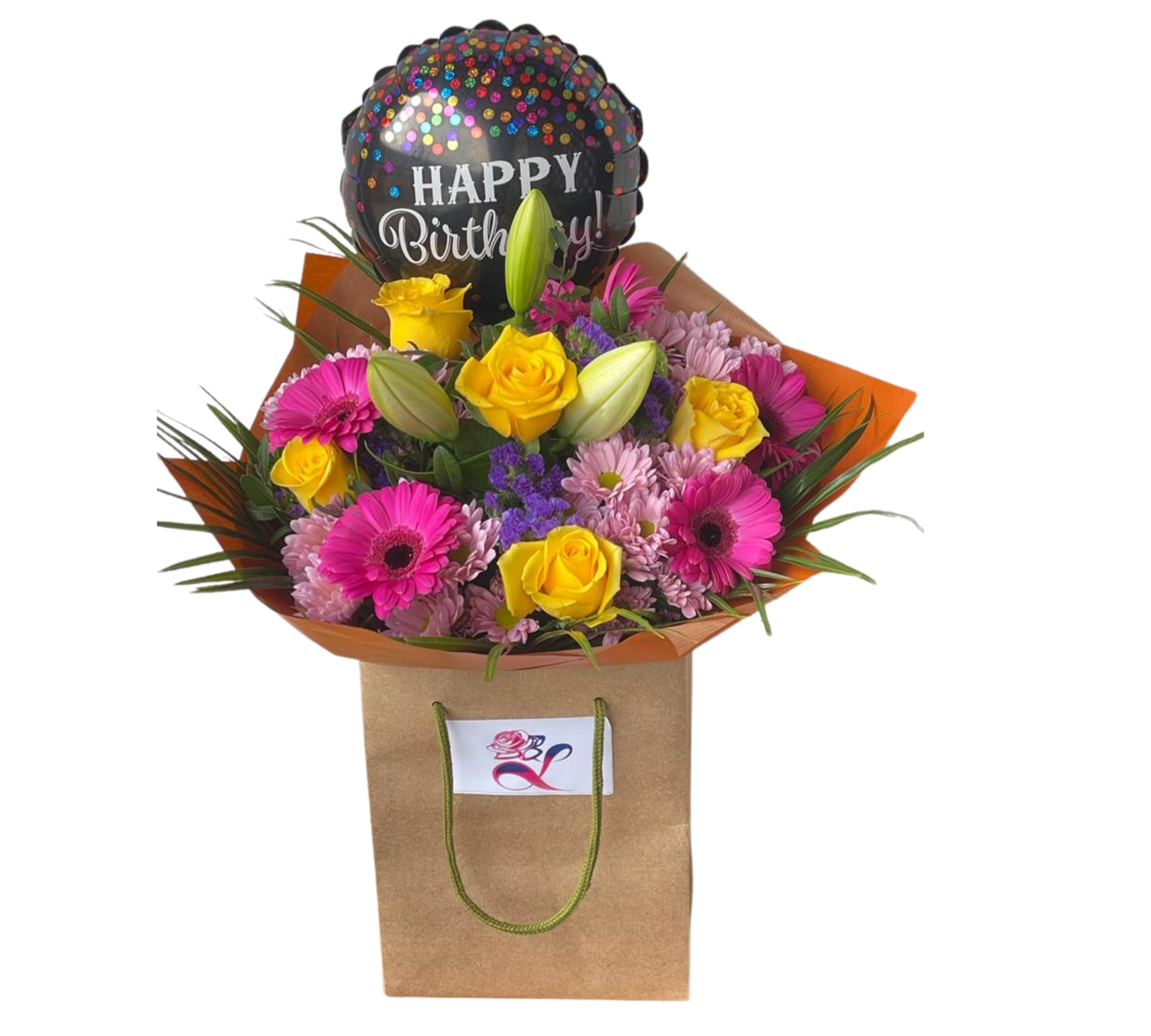 Stunning Birthday Bouquet with Balloon Gift Bag | Fresh Yellow Roses, Pink Gerberas, Lilies and Chrysanthemums | Florist Designed Floral Arrangement for Birthday Celebration