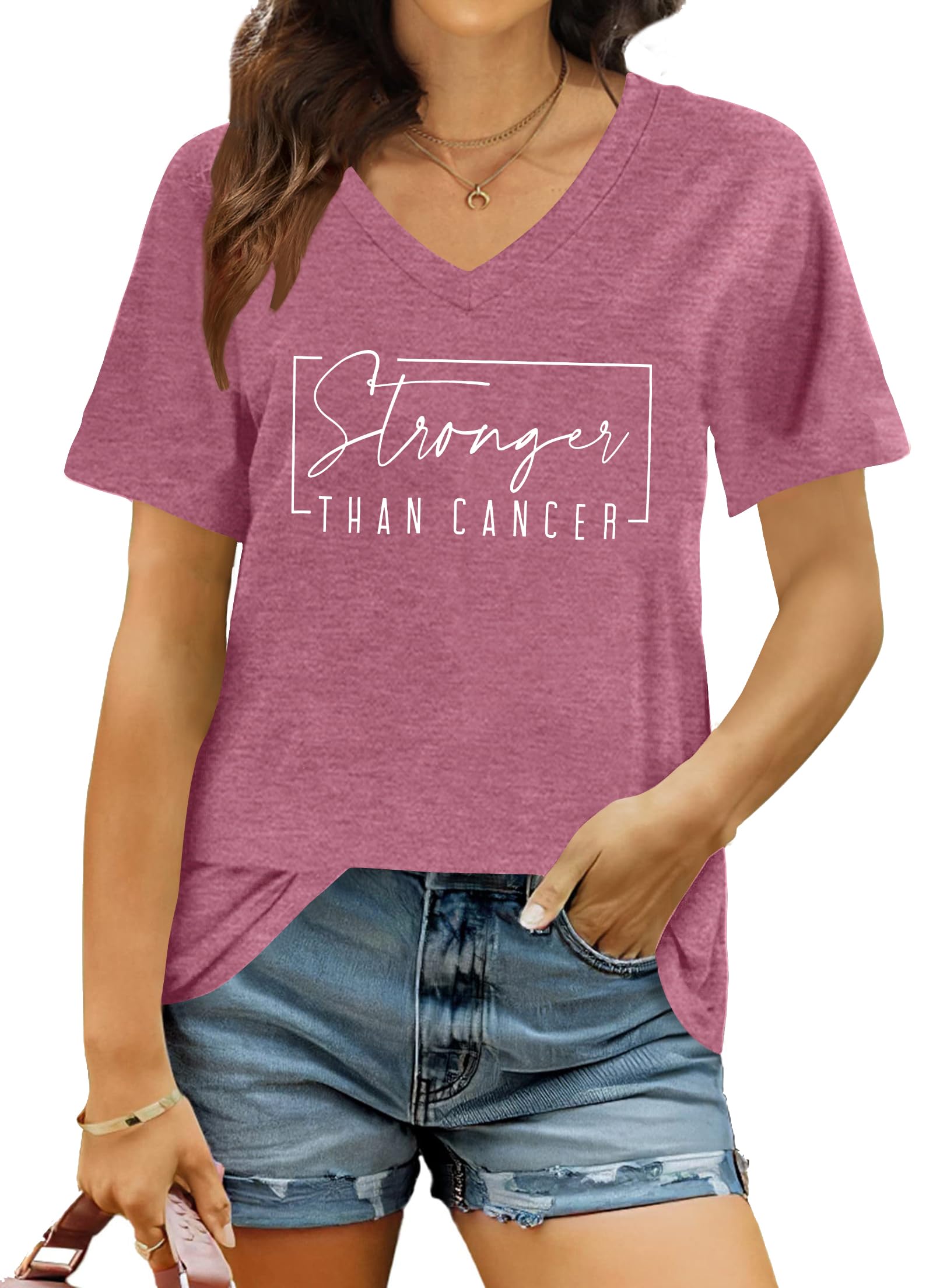 Ithalt Breast Cancer Shirt Women Pink Ribbon Shirts Breast Cancer Awareness Tee Cancer Survivor V Neck Tshirts