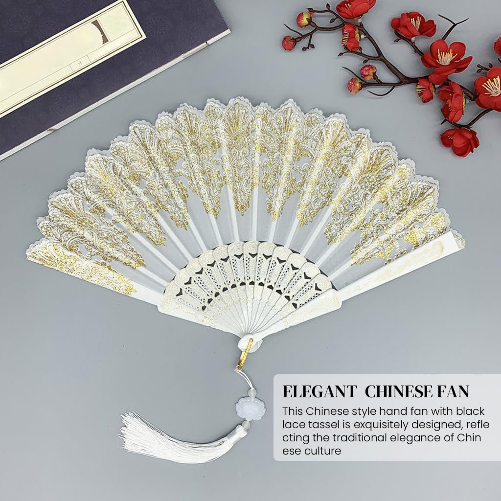 HASTHIP® Hand Fan Elegant White Fabric Hand Fan Traditional Chinese Fan with Tassel Charm Summer Fan Handheld Cooling Fan Travel Hand Fan Gift for Girls Women, 9 inches 2
