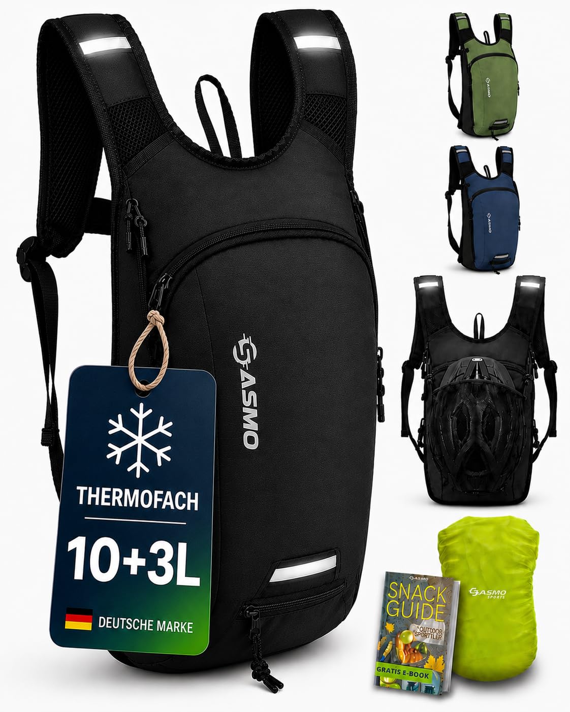 SASMO® Fahrradrucksack & Skirucksack 6L / 8L / 10+3L / 14+3L mit Thermofach, Helmnetz & Regenschutz | Ultraleicht - MTB Rucksack Herren & Damen | Kleiner Fahrradrucksack Herren & Damen