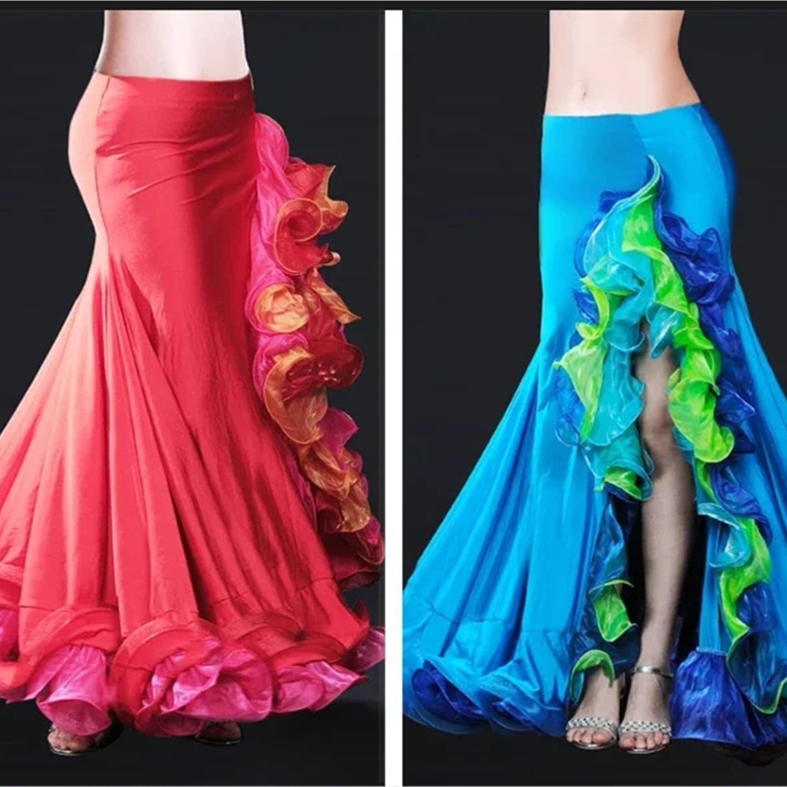 Falda de danza del vientre con hendidura falda profesional para niñas, ropa de danza del vientre para mujeres mayores (rojo)