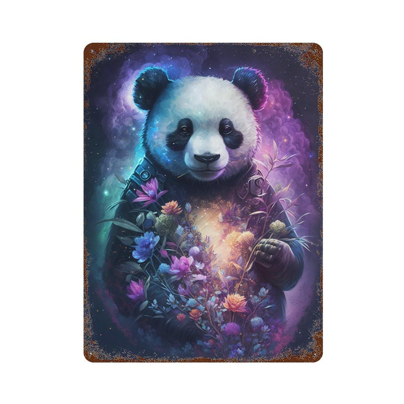 Fantasy Panda with Flowers 15.7"x11.8" Decorative Tin Sign, Retro Wall Decor for Garage, Bar And Workshop Decor