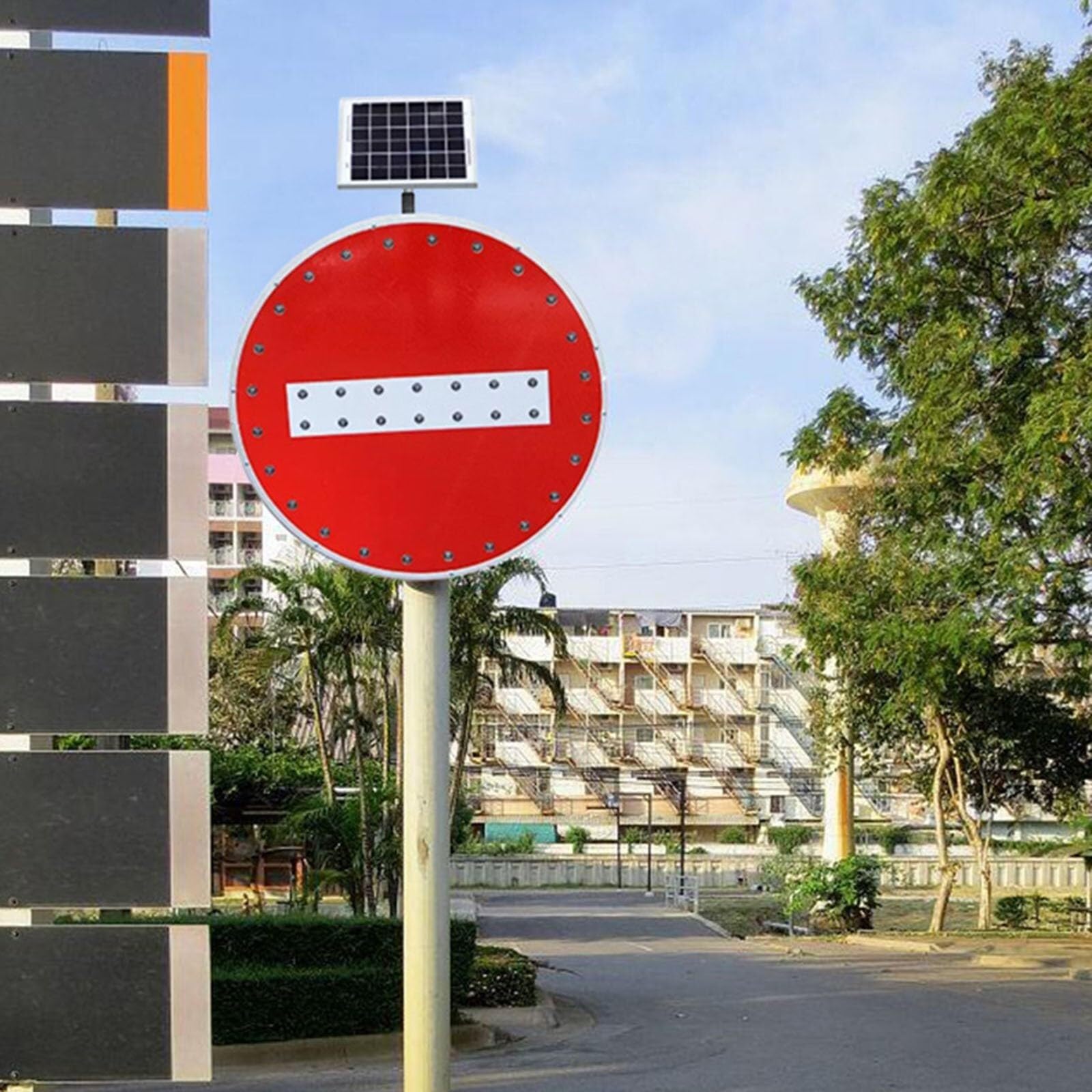 Señales de tráfico solares de prohibición de Paso, LED Intermitentes, Reflectantes, señal de Advertencia de tráfico en la Calle, Marco Redondo de aleación de Aluminio(60cm/23.6in)
