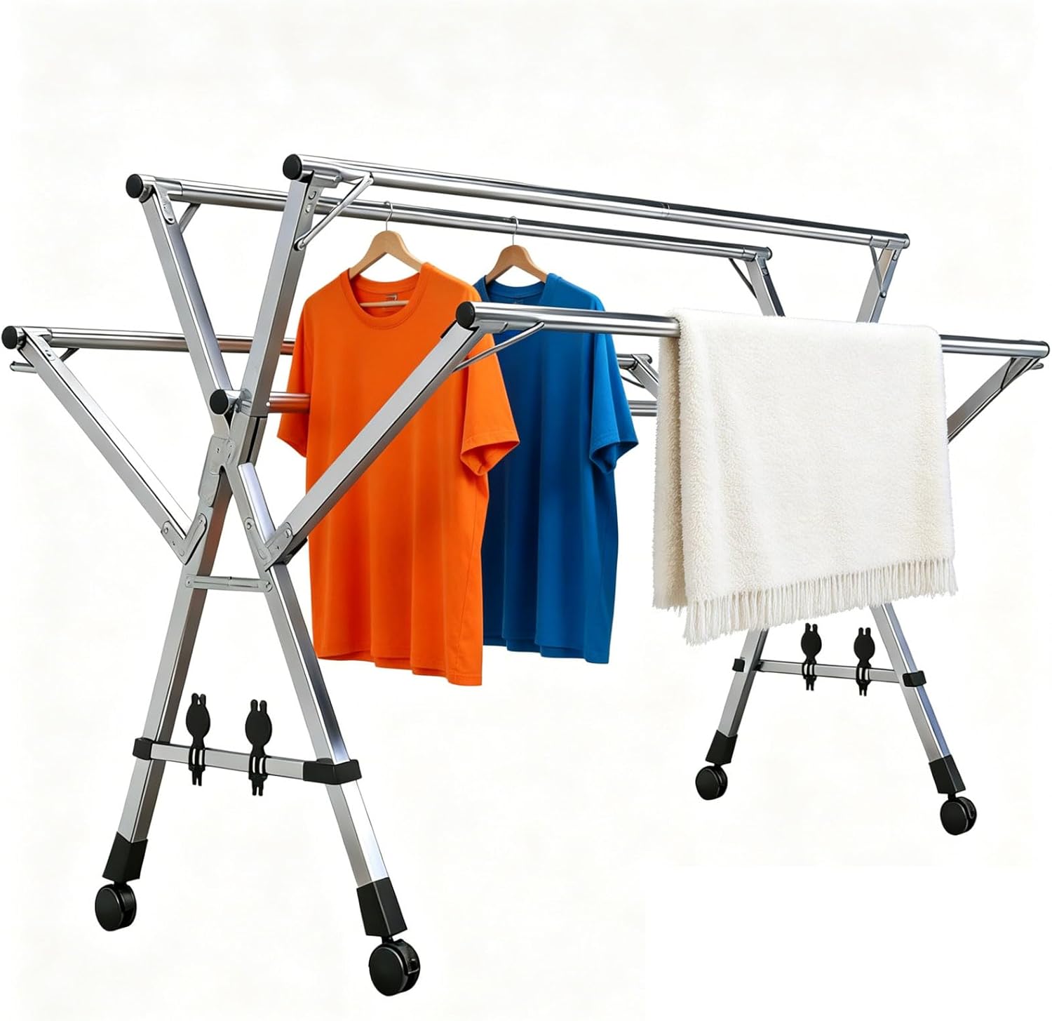 HUHJYUGE 5 Poles Stainless Steel Laundry Rack with Wheels, Heavy Duty Foldable Clothes Drying Rack Outdoor, Retractable Adjustable Garment Stand for Air Drying Clothing (160cm/63inch)