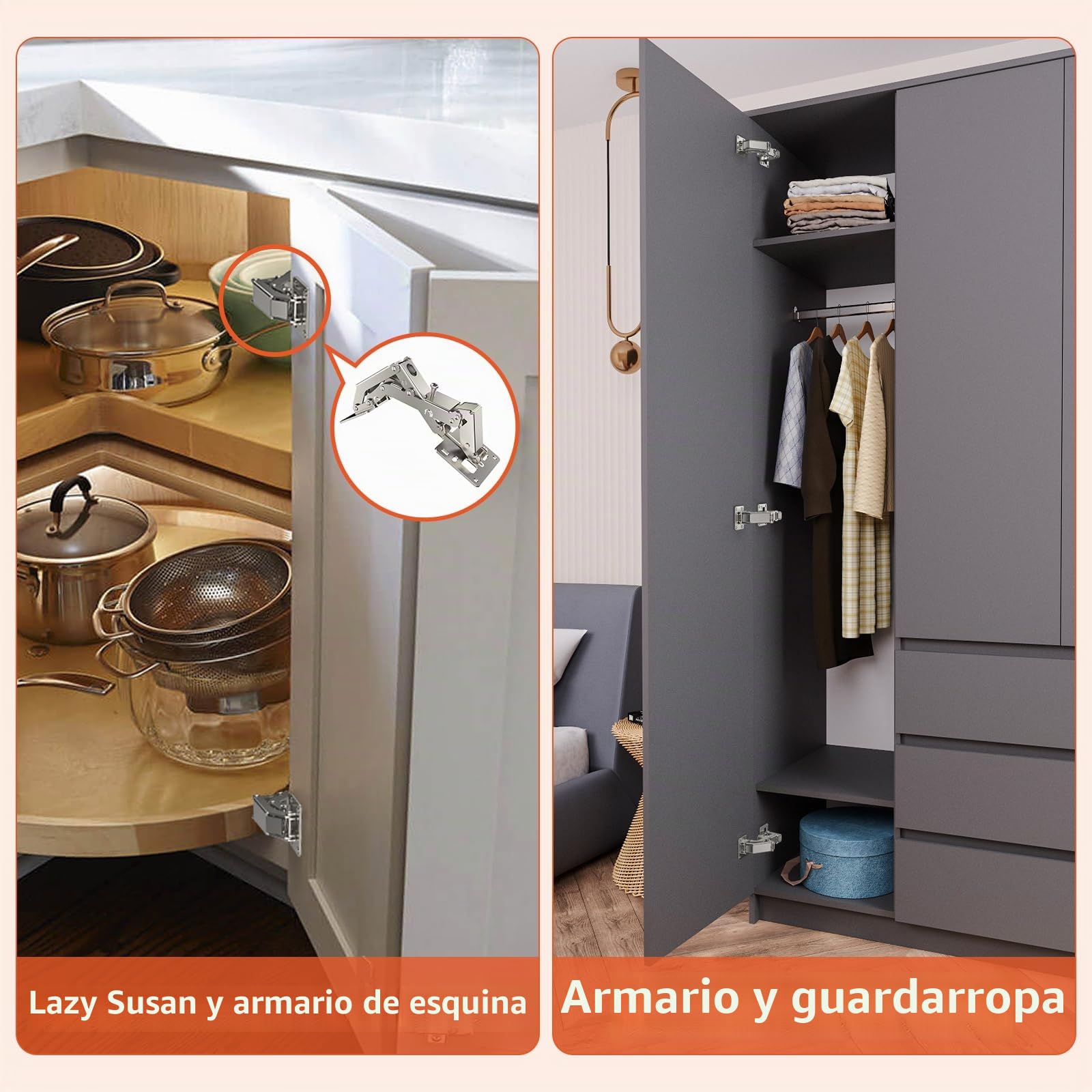 Furniware 4 bisagras de cierre suave de 170 grados para puertas de armarios, sin taladrar, bisagras de armario de cocina con amortiguador, soporte de tapa, bisagras ocultas para armarios, muebles