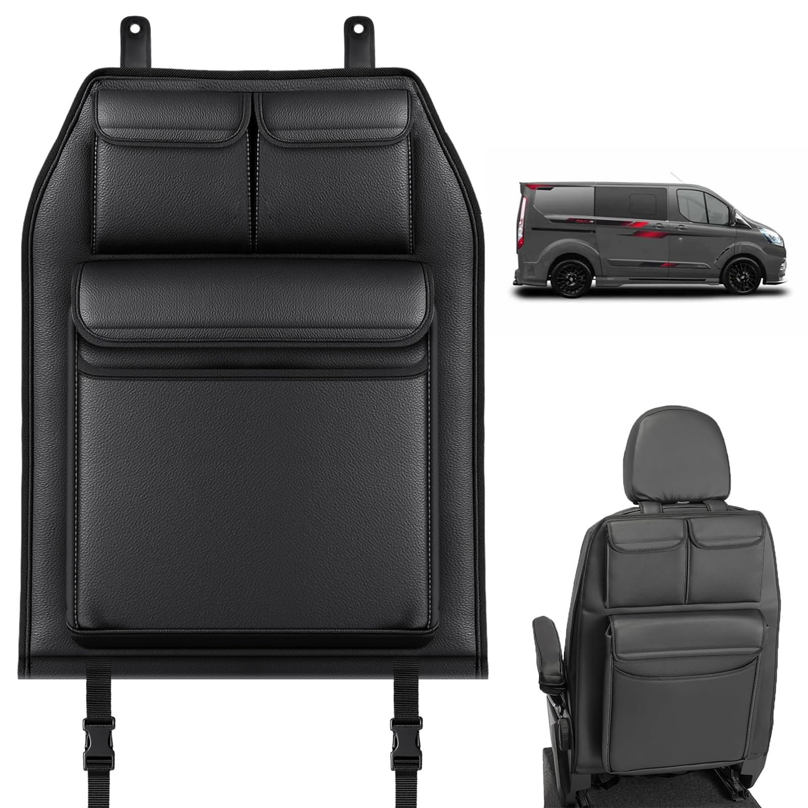 ZWPARTS Rückenlehnen Organizer für Ford Transit Custom, Faltbarer Rückenlehnenschutz mit 3 Taschen, Kofferraum Organizer, Einfache Montage für Reisen und täglichen Gebrauch Kunstleder Schwarz