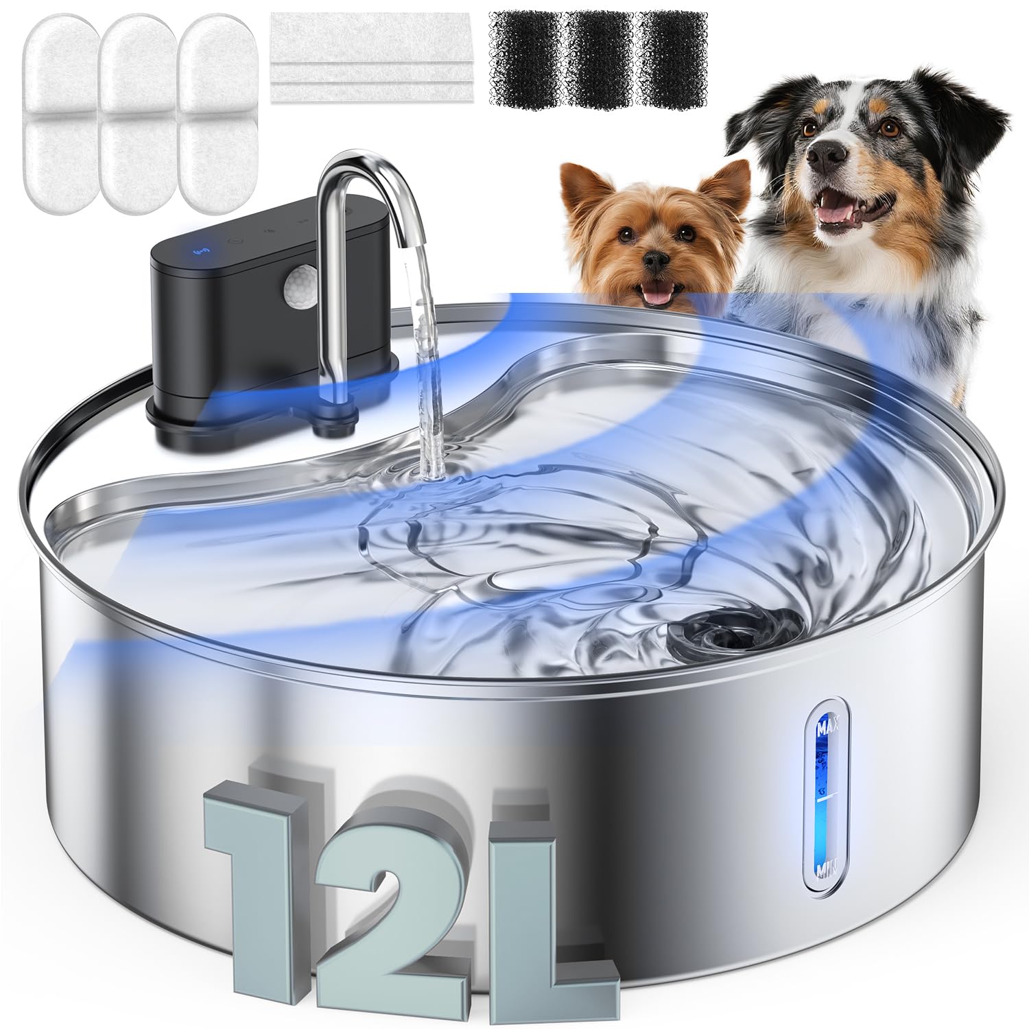 Fontana d'acqua wireless per cani, in acciaio inox, con sensore, 12 l, erogatore automatico senza fili, pompa silenziosa, senza BPA, per bere, facile da pulire per gatti, cani e animali domestici