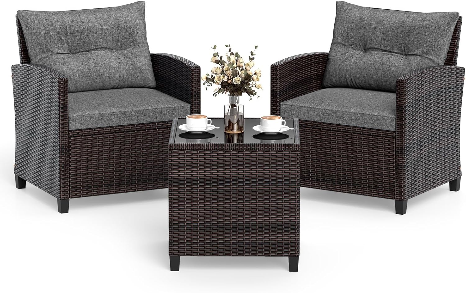 DORTALA Wicker Patio Furniture Set 3 Piece, Outdoor Table and Chairs with Tempered Glass Tabletop, Cushions, Small Rattan Conversation Sofa Set for Balcony, Porch, Backyard, Deck, Grey