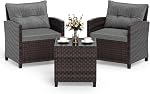DORTALA 3 Ensemble de meubles en patio, Canapé extérieur en rotin avec coussin, Table de dessus en verre trempé pour jardin de porche Balcon côté piscine, Gris