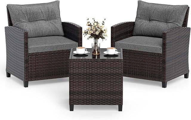 DORTALA 3 Ensemble de meubles en patio, Canapé extérieur en rotin avec coussin, Table de dessus en verre trempé pour jardin de porche Balcon côté piscine, Gris