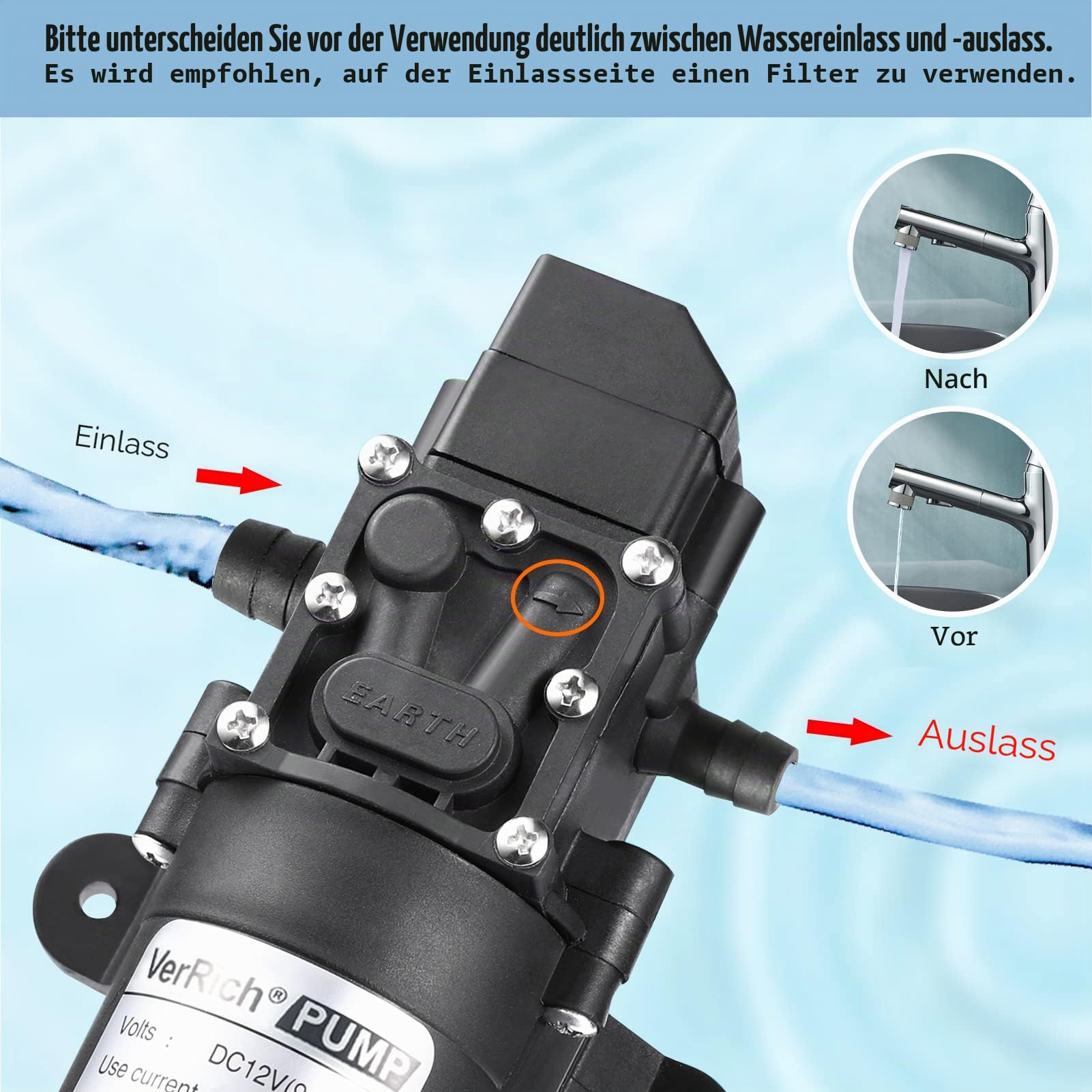 VerRich Diaphragm Pump, 12 V Water Pumps 70 W Self-Priming Pump 6 L/Min 0.9MPA 131 PSI with Pressure Switch with 2 Adjustable Hose Clamps