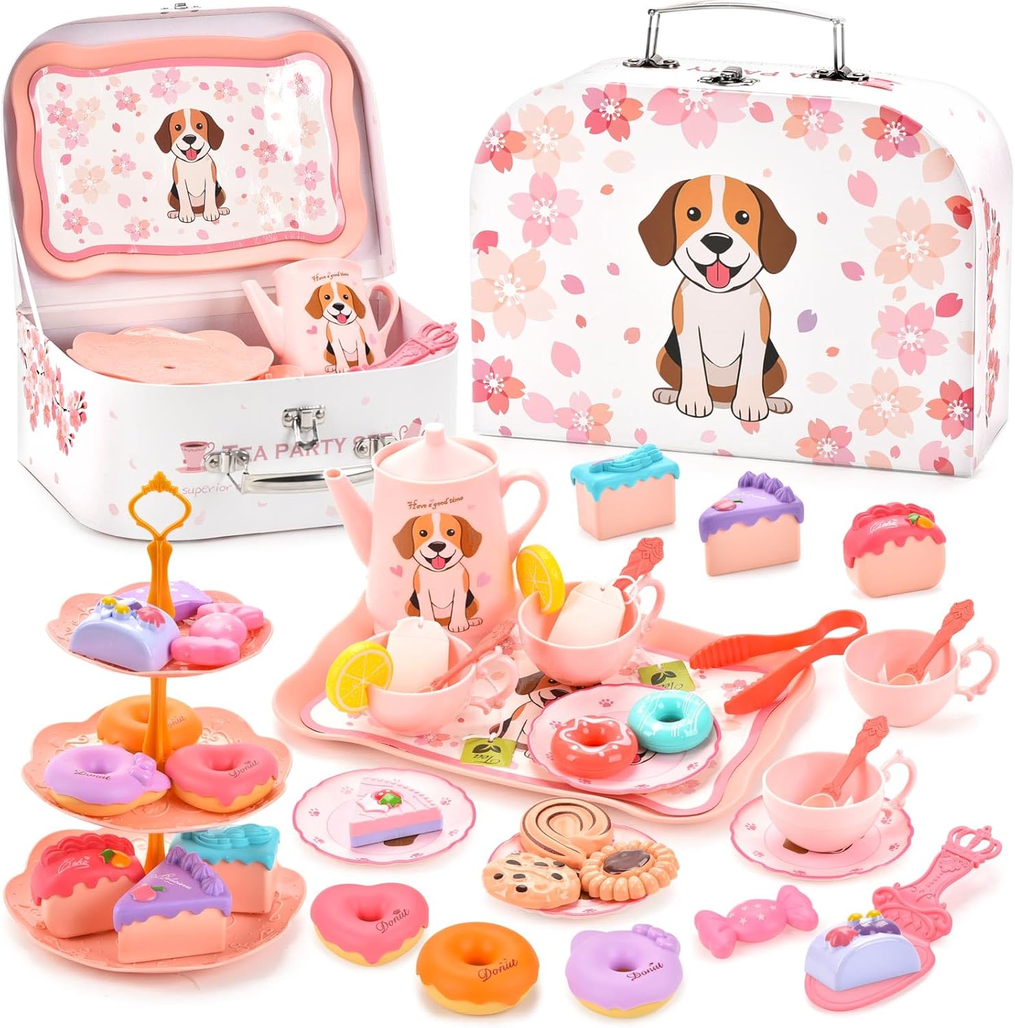 Lajeje Dog Toys for Kids – Plastic Tea Party Set for Toddlers & Little Girls Ages 3-8, Puppy-Themed Pretend Play Kitchen Toy with Teapot, Cups, Saucers, Desserts & Tray | Birthday Gift Idea