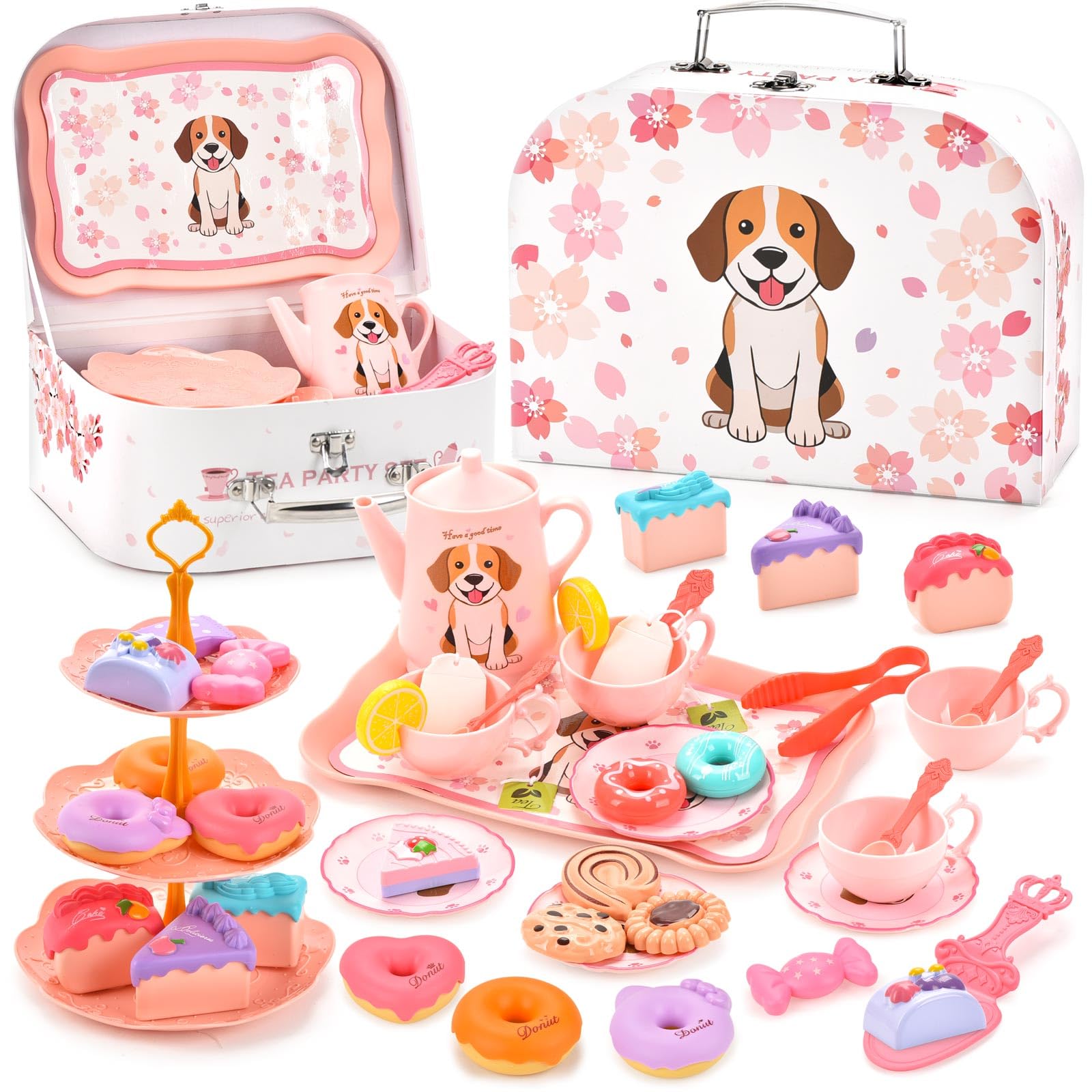 Lajeje Dog Toys for Kids – Plastic Tea Party Set for Toddlers &amp; Little Girls Ages 3-8, Puppy-Themed Pretend Play Kitchen Toy with Teapot, Cups, Saucers, Desserts &amp; Tray | Birthday Gift Idea