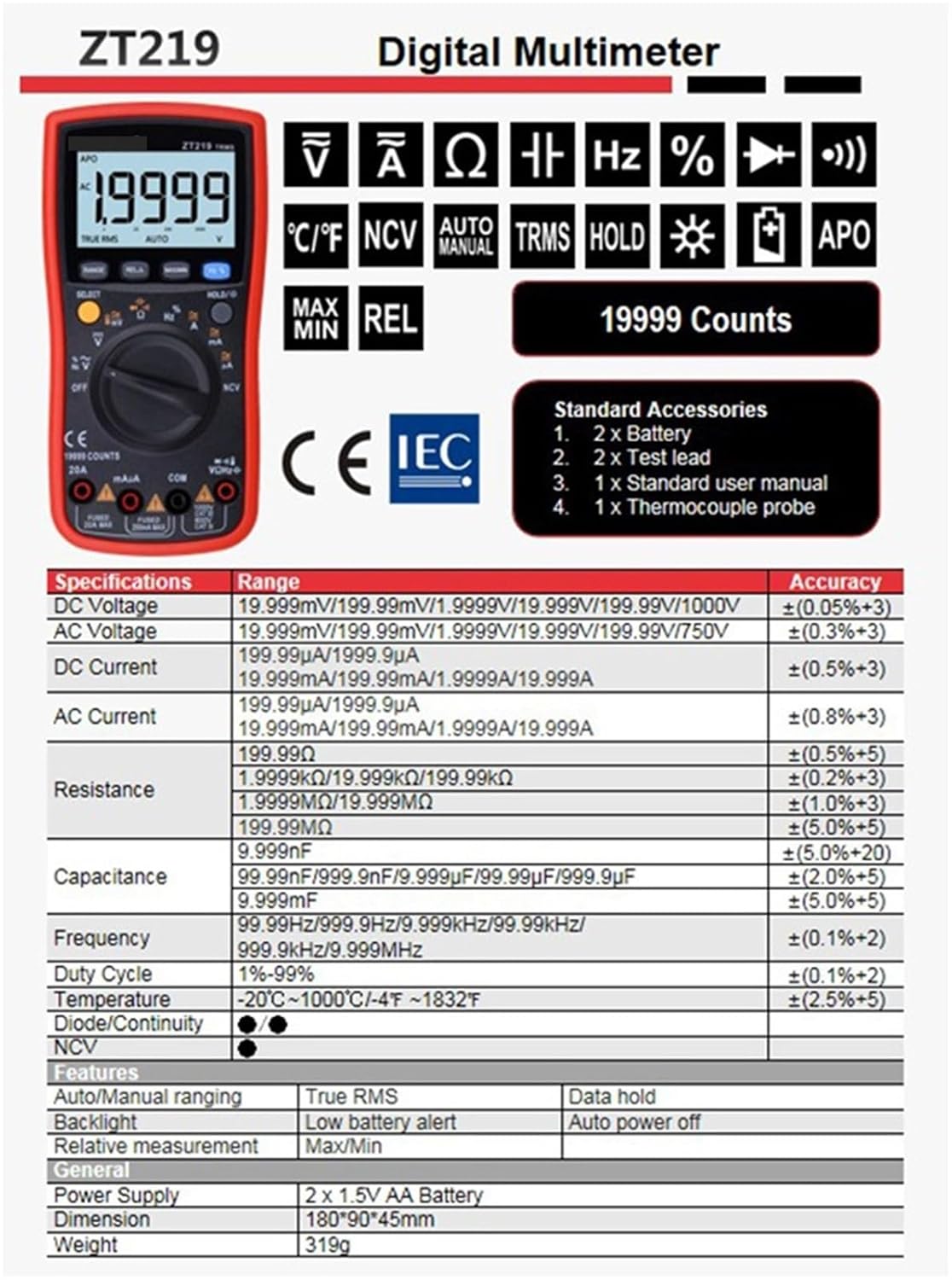 ZT219 Digital multimeter 19999 Counts True RMS Automotive Electrical Transistor Capacitor NCV Tester Professional Meter