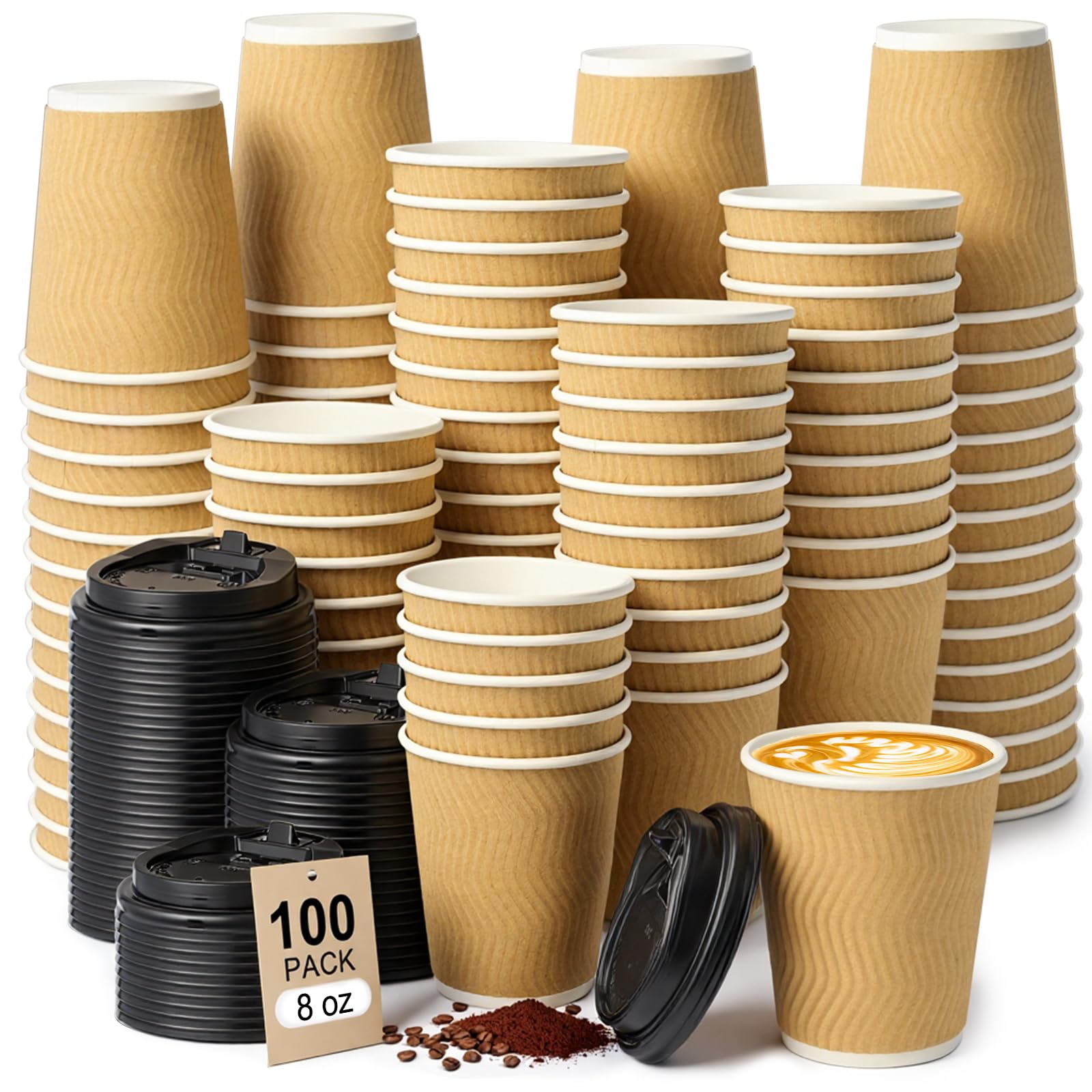 ALEXPRE 100 Pack Disposable Takeaway Coffee Cups with Lids,8oz Paper Cups with Lids,Brown Kraft Ripple Walled Cups for Takeaway Hot&Cold Drinks,Travel, Party, and Office Use