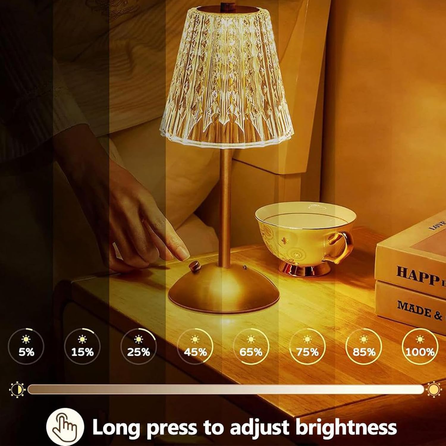 Cordless Table Lamp, 3 Colors Dimmable Crystal Lamp, Rechargeable Battery Operated Touch Lamp, Gold Metal Base Desk Lamps,Portable LED Small Table Lamp for Living Room Bedroom Bar Dining(Style B)