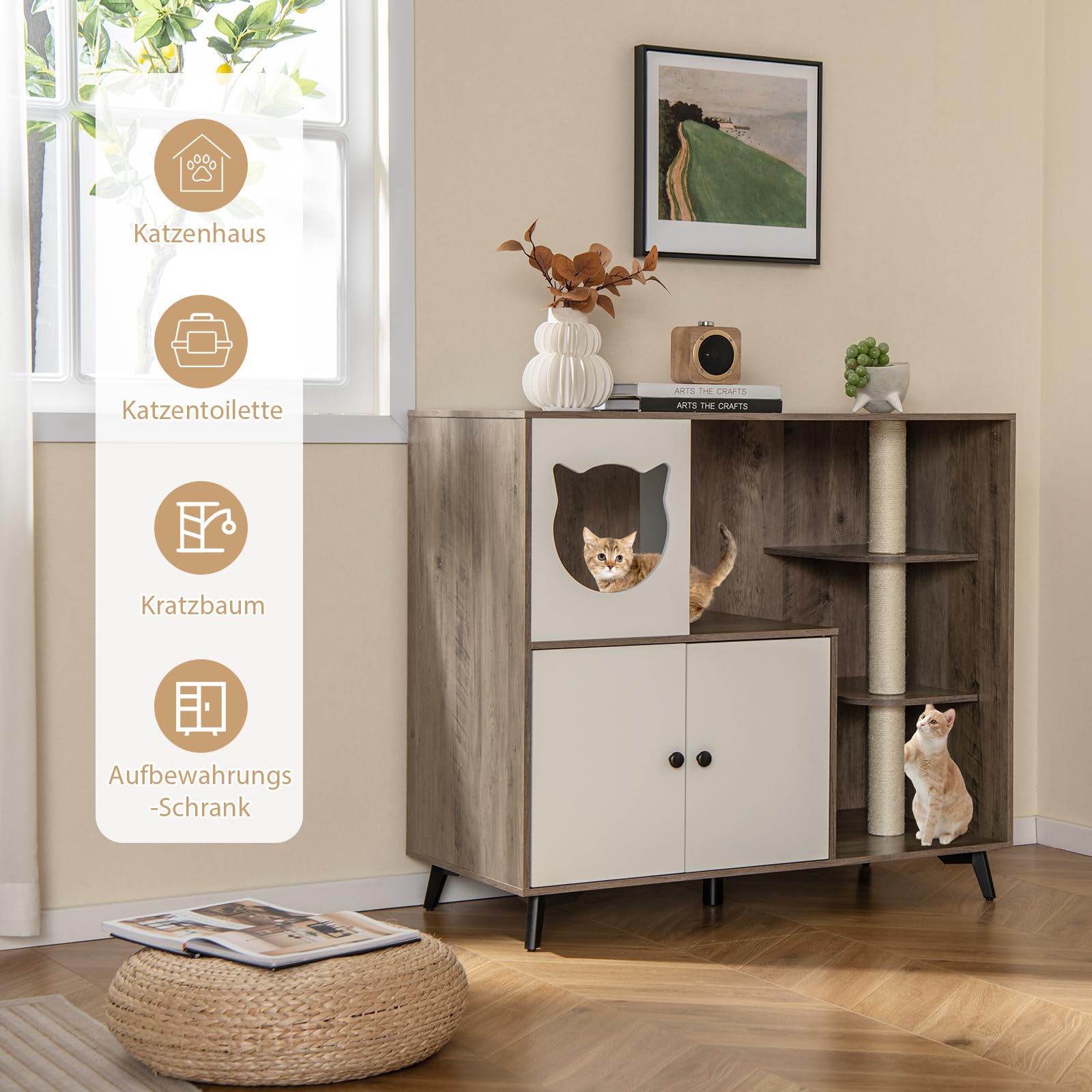 GYMAX Katzenklo Schrank, 5-in-1 Katzenschrank mit Katzenhaus, Sisalstamm & Katzenklo, Katzentoilette Schrank für 2 Katzen 100 x 51 x 91 cm