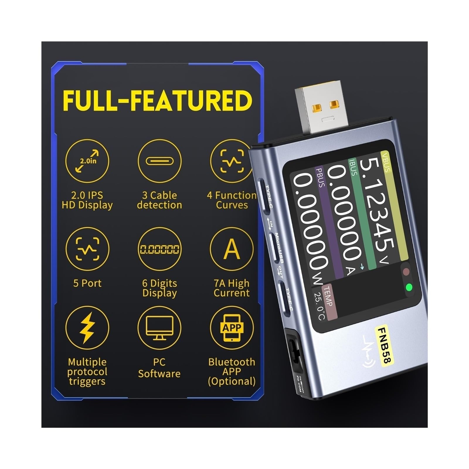 Amperomierz USB, FNB58 Woltomierz cyfrowy Amperomierz Woltomierz prądu Tester USB Wskaźnik napięcia Profesjonalne narzędzia dla elektryków(Without Bluetooth)