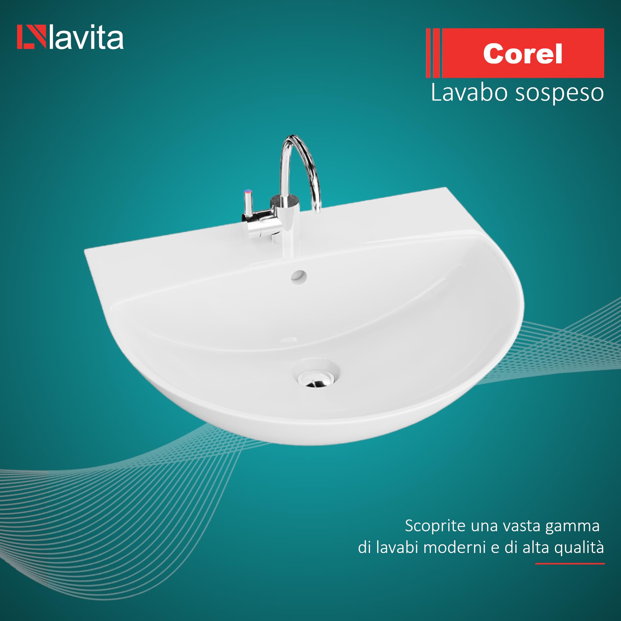LAVITA Lavabo sospeso Corel, lavabo sospeso, lavabo rotondo, lavabo con troppopieno e foro per rubinetto, ceramica di alta qualità, bagno, 56 x 47 x 19 cm, bianco lucido