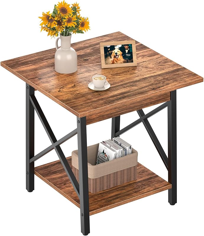 GreenForest 24 Inch Square End Table, X-Frame with Large 2-Tier Storage | Sturdy Frame Fits Living Room, Bedroom, Home Office, Holds Printer, Mini Fridge, Scratchproof Top, Easy Assembly, Walnut