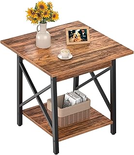 GreenForest End Table 24 inch for Living Room, Large Square Side Tables with X-Frame, Tall Industrial Bedside Nightstand with 2-Tier Storage, Rustic Walnut