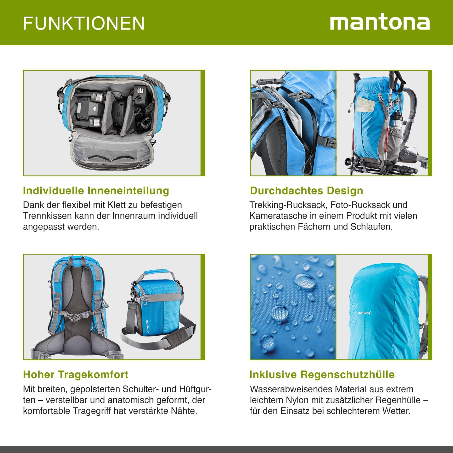 Mantona Elements Outdoor Plecak (z wyjmowaną torbą na aparat DSLR w tym. pokrowiec przeciwdeszczowy/komora na laptop/uchwyt na statyw) niebieski