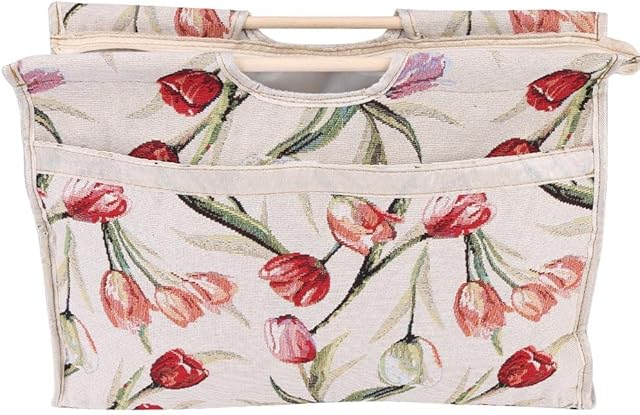 Vikye Knitting Bag, Wood Handle Woven Fabric Storage Bag for Knitting Needles Sewing Tools(Red Flower)
