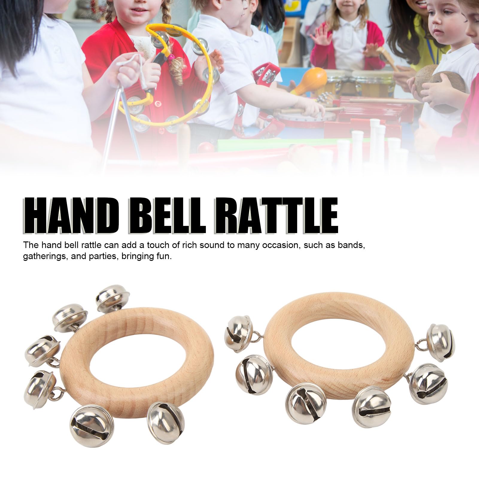 Hand Jingle Bells, 2 Pcs Wooden Handle Bell Round 8cm Diameter Hand Sleigh Bell Portable Musical Bell Instrument Handhold Bell Rattles for Education Party Christmas Gathering