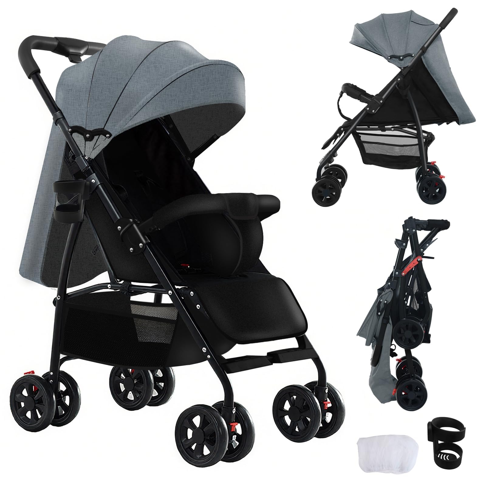 Reenborn Ultraleggero Passeggino di Soli 4,6 kg con Posizione Sdraiata Regolabile, Passeggino da Viaggio Pieghevole, Passeggino Compatto Fino a 15 kg, Carrozzina per Neonati Portatile (A8 Grey)
