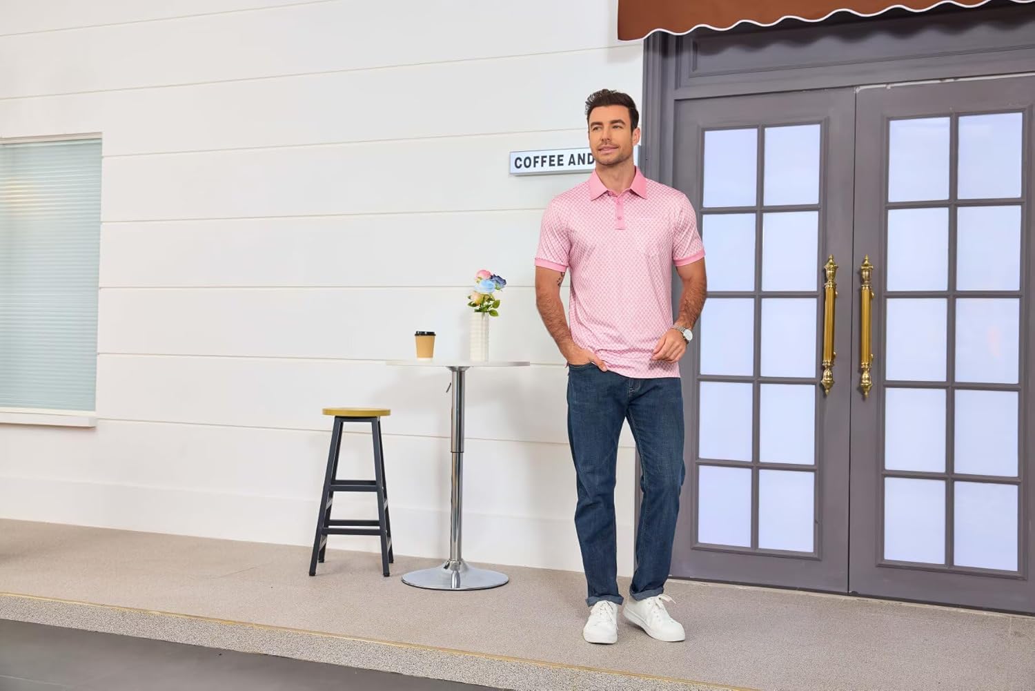 Mens Polo Shirt Short Sleeve Dry Fit Print Golf Shirts for Men Moisture Wicking Color Block Collared Shirts with Pocket