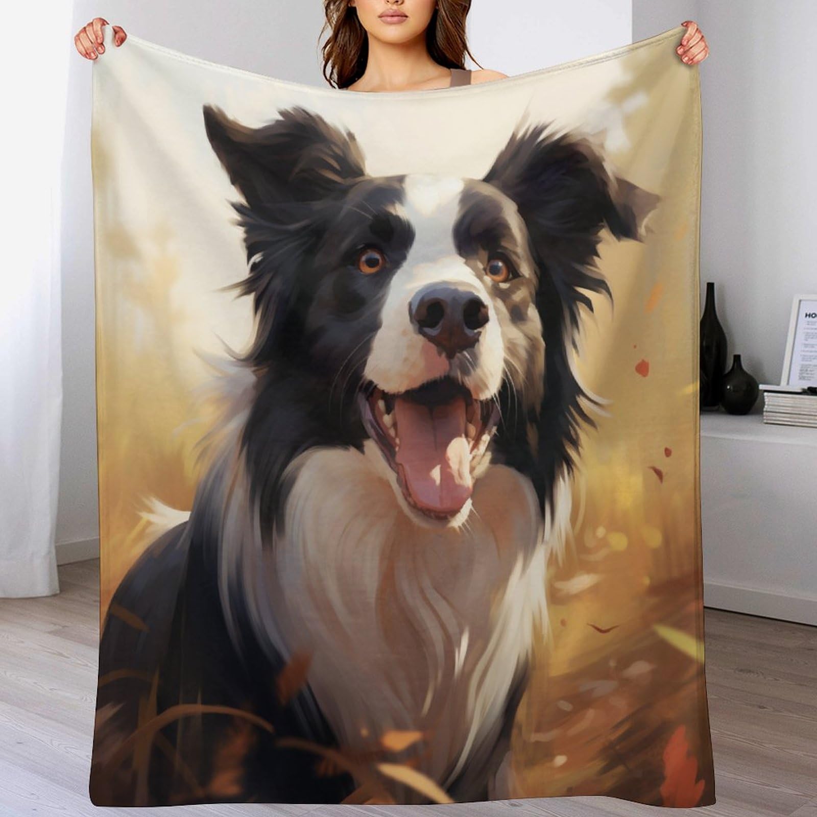 Llxxhh Border Collie-2 Border Collie Throw Blanket, Super Warm, Flannel, Elegant, Fluffy Decoration Blankets For Sofa, Armchair, Couch And Bed, 130×150Cm