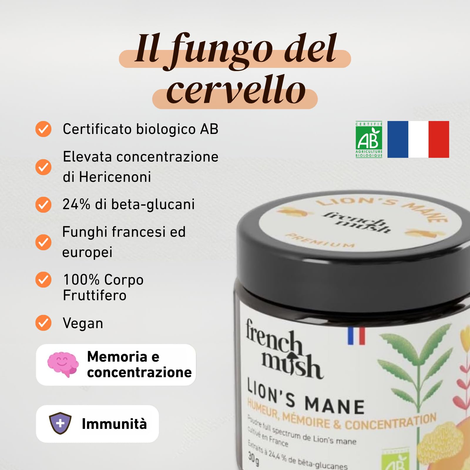 French Mush Lion's Mane Bio in Polvere - 30 g | Umore, Criniera di Leone, Hericium erinaceus, Si Mescola alle Bevande, Testato in Laboratorio, Prodotto in Francia
