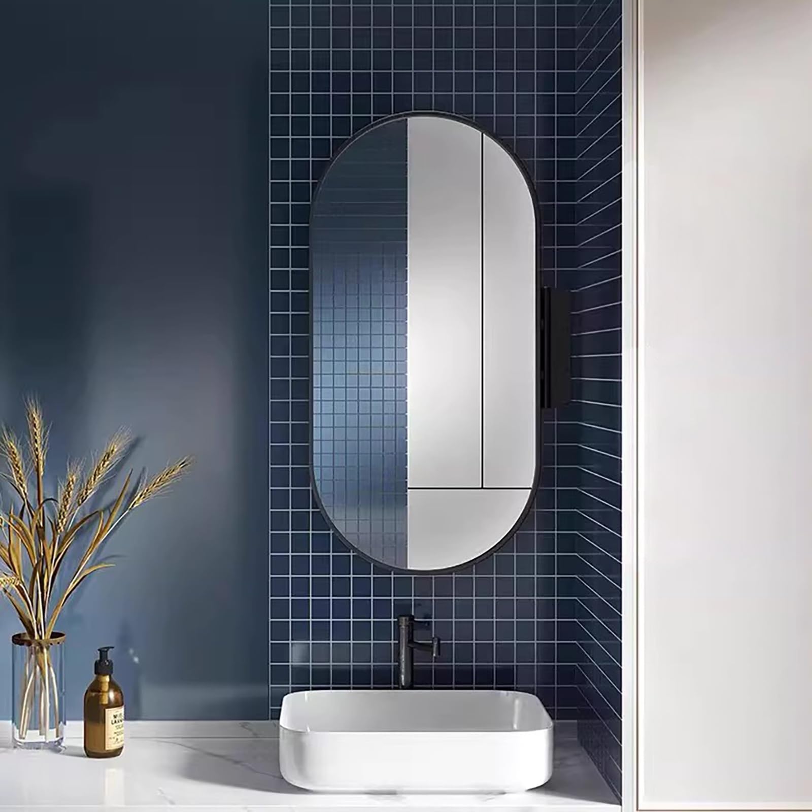 Scumlovy Rectangular Bathroom Corner Mirror, Vanity Mirrors, Wall Mount Pivot Mirror with Metal Frame and Swivel Extendable Arm, Vertical & Horizontal(Black,40x80cm/15.7x31.5in)