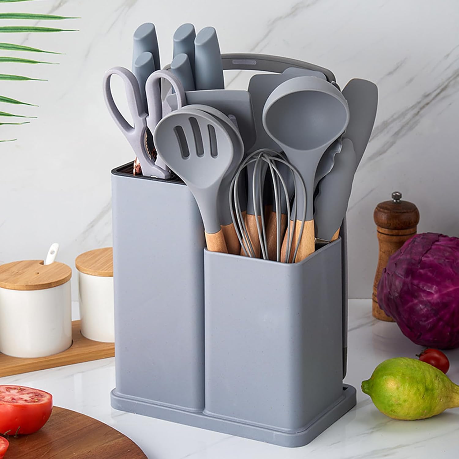Set Coltelli da Cucina, pacchetto di utensili da Cucina da 19 pezzi, comprende 5 coltelli e 13 utensili da cucina in silicone, oltre a 1 scatola di stoccaggio (grigio)