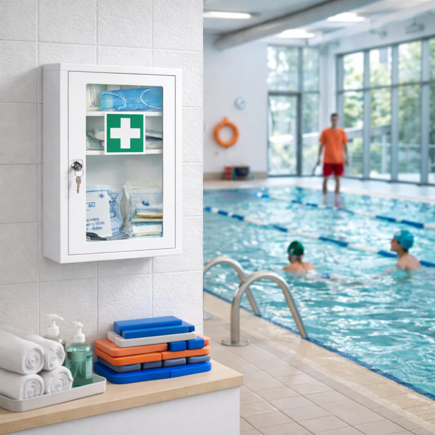 First Aid Products Erste Hilfe Verbandschrank F mit Sichtfenster – inkl. DIN 13157:2021 Füllung, Metall & Pulverbeschichtet, 1-türig - Büro, Betrieb, Schule, Kita & zu Hause - Weiß, 46 × 30 × 14 cm