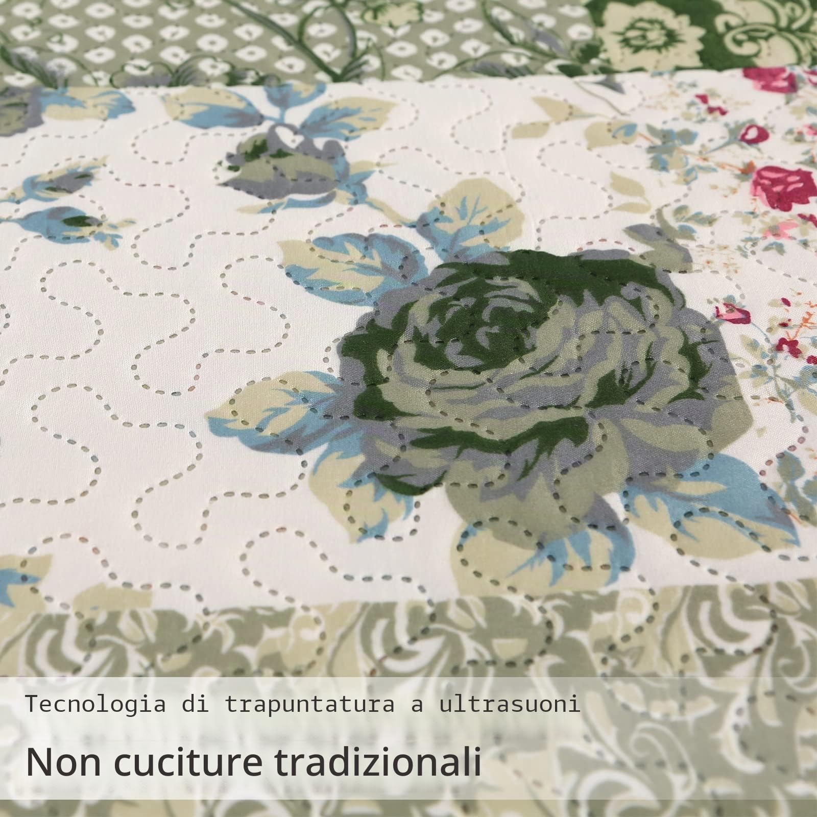 Qucover Copriletto Trapuntato Matrimoniale Patchwork, Copriletti Ultrasuoni in Poliestere Leggere, Trapunta Sottile Estivo Primaverile 230x260 cm con 2 Federe, Verde