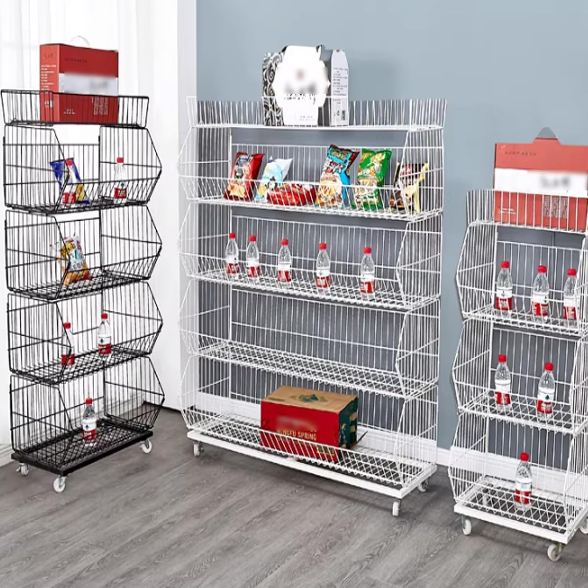 Espositore a 5 Ripiani in Filo Metallico con Ruote - Espositore per Snack Resistente per la Vendita al Dettaglio di Frutta e Verdura
