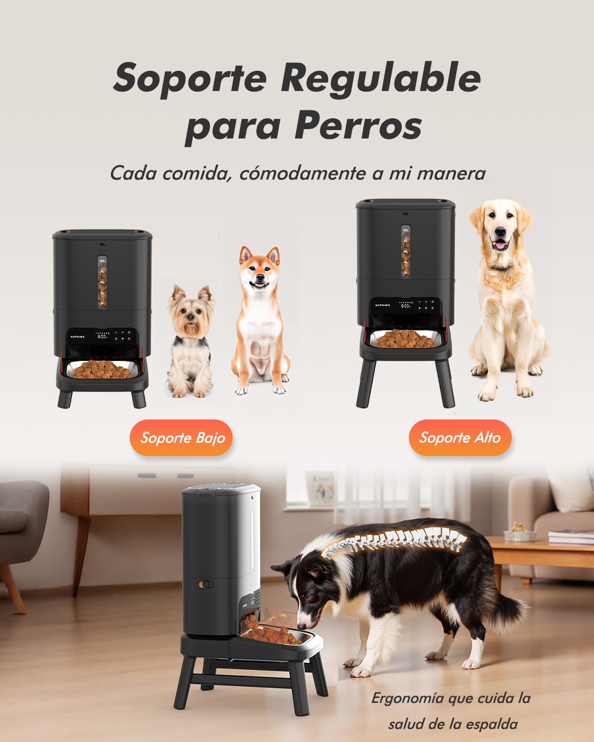 Comedero automático para Razas Grandes, 15L de Capacidad para Gato y Perro | Comedero automático 2-23mm, anti-atascos, soporte ajustable, grabación voz, doble alimentación, cuenco inox