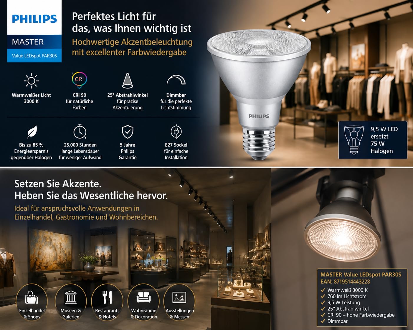 Philips 6x MASTER LEDspot PAR30S Warmweiß 9,5W E27 75W-Ersatz 220-240V 6er SPARPACK