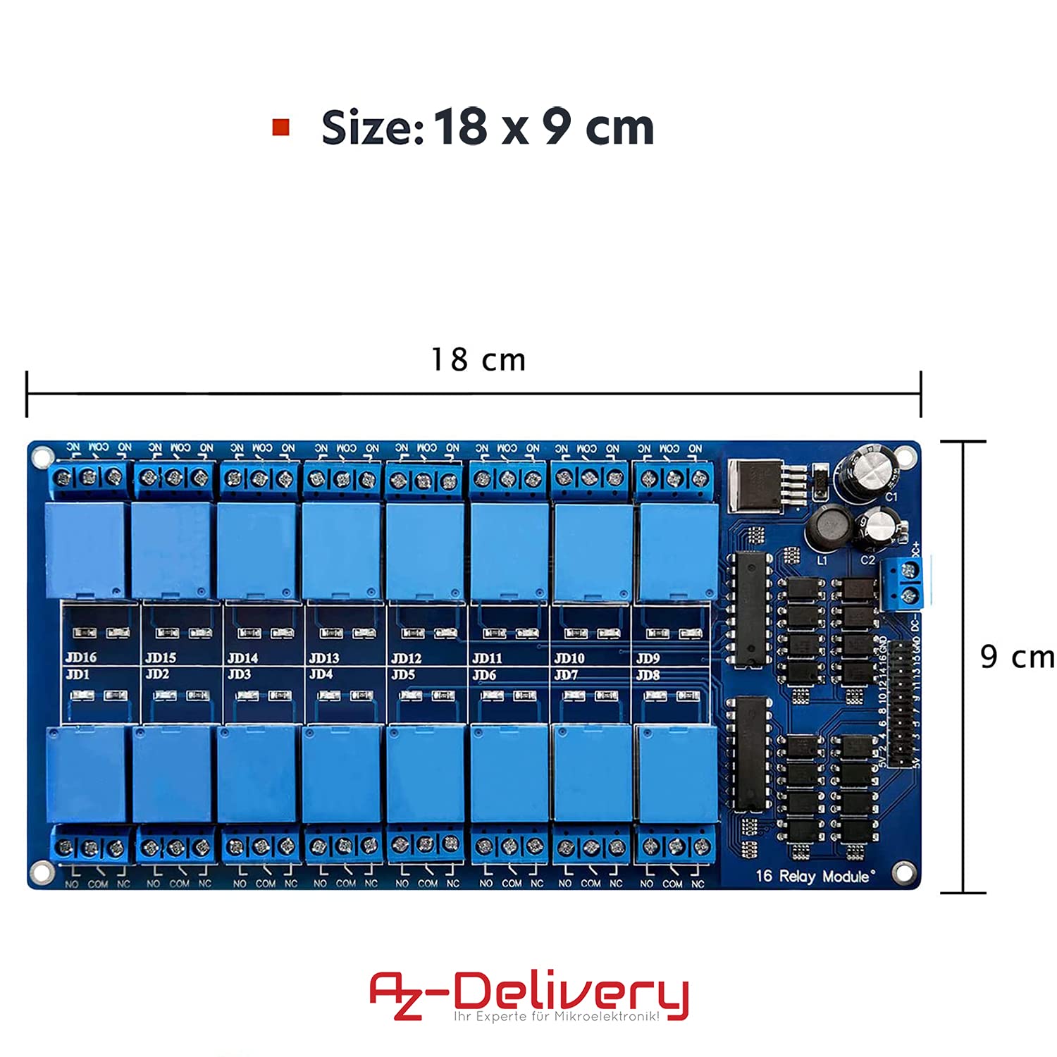 AZDelivery 16-Relay Moduł 12V z Optocoupler Low-Level Trigger kompatybilny z Arduino tym e-Book!