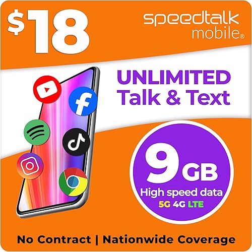 SpeedTalk Mobile Prepaid Cell Phone SIM Card for Smart Phones & Cellphones | $18 Monthly Plan - Unlimited Talk & Text + 9GB 5G 4G LTE Data | 3-in-1 SIM Card Standard Micro Nano